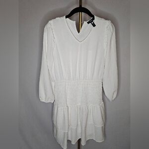 AQUA Girls' Long Sleeve White Clip Dot Tiered Dress